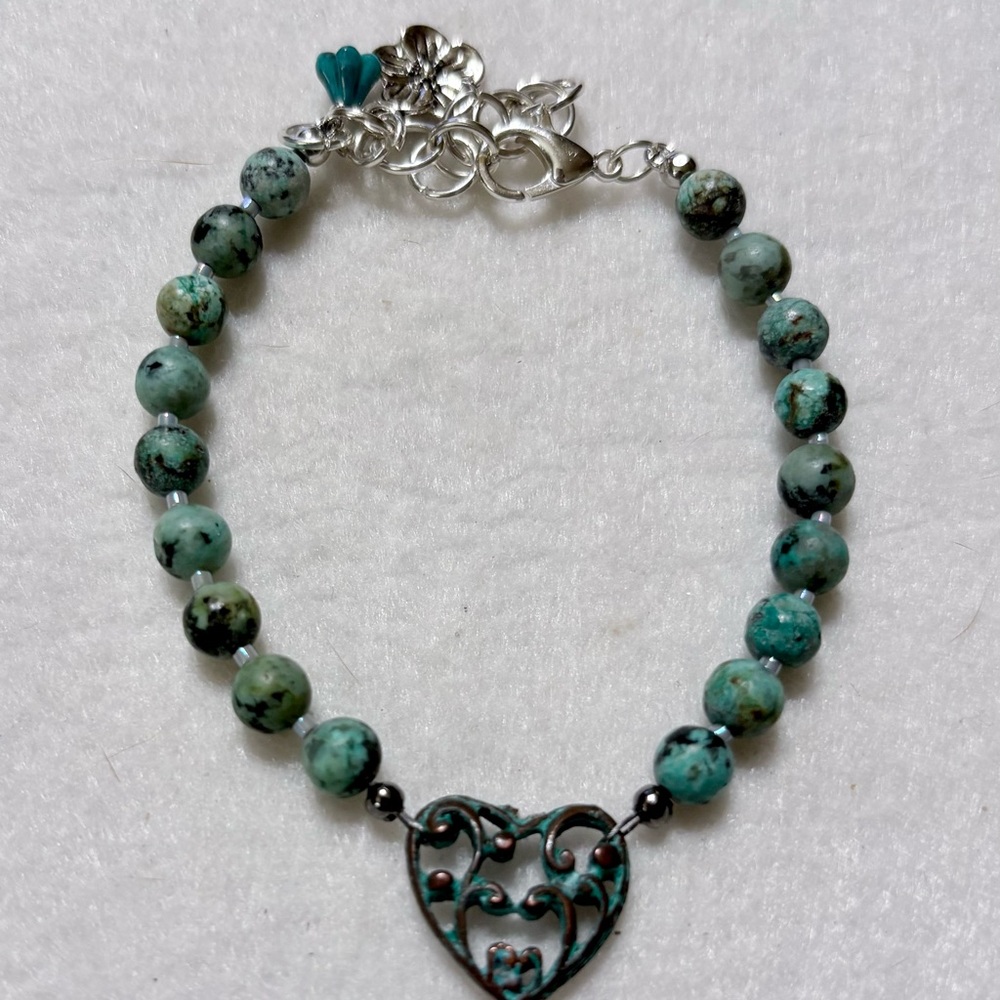 Artisan/Fairy African Turquoise Beaded Bracelet with Heart Charm